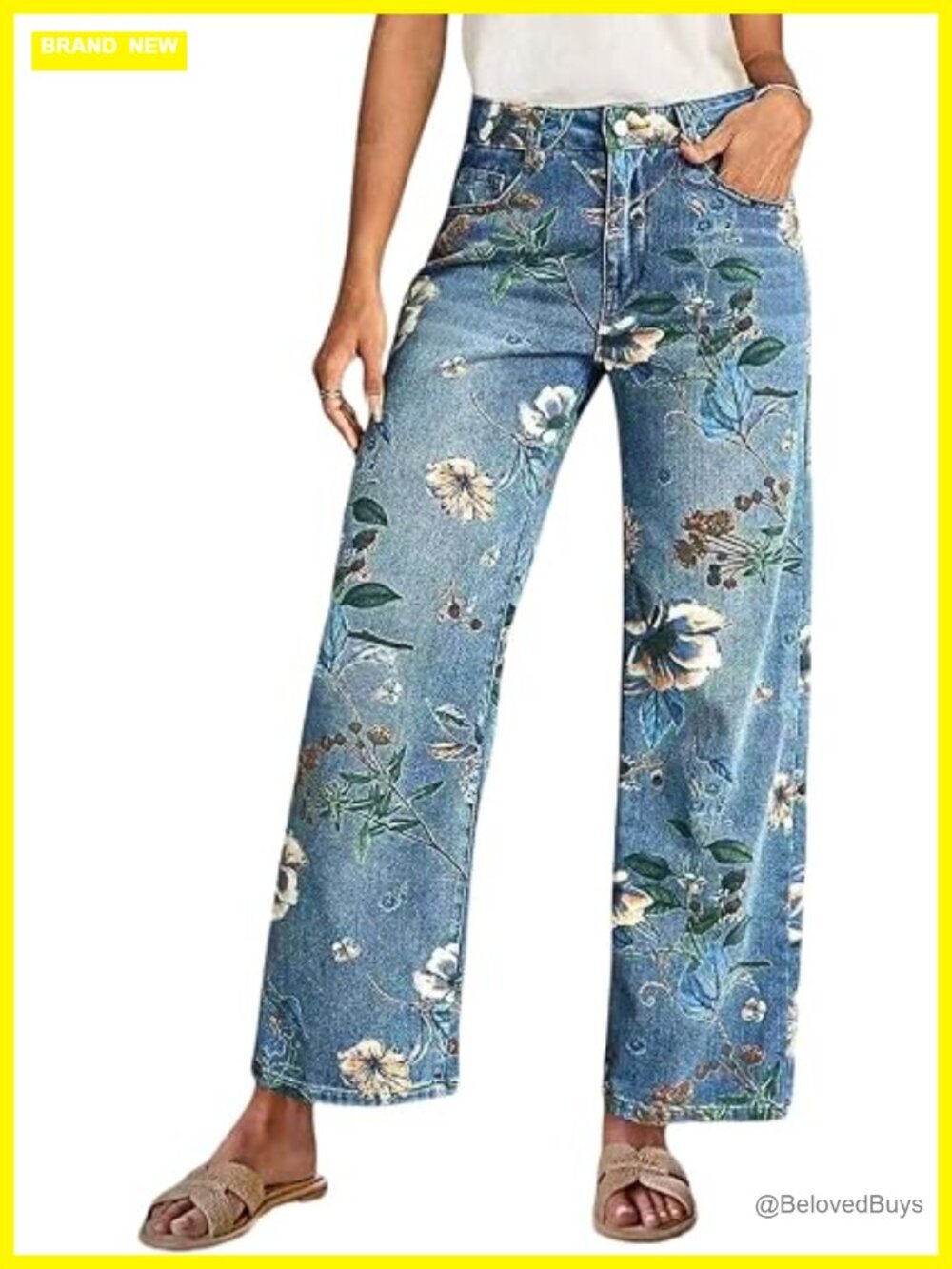 Vintage Floral Print Barrel Jeans Wide Leg Denim Pants Boyfriend Style with